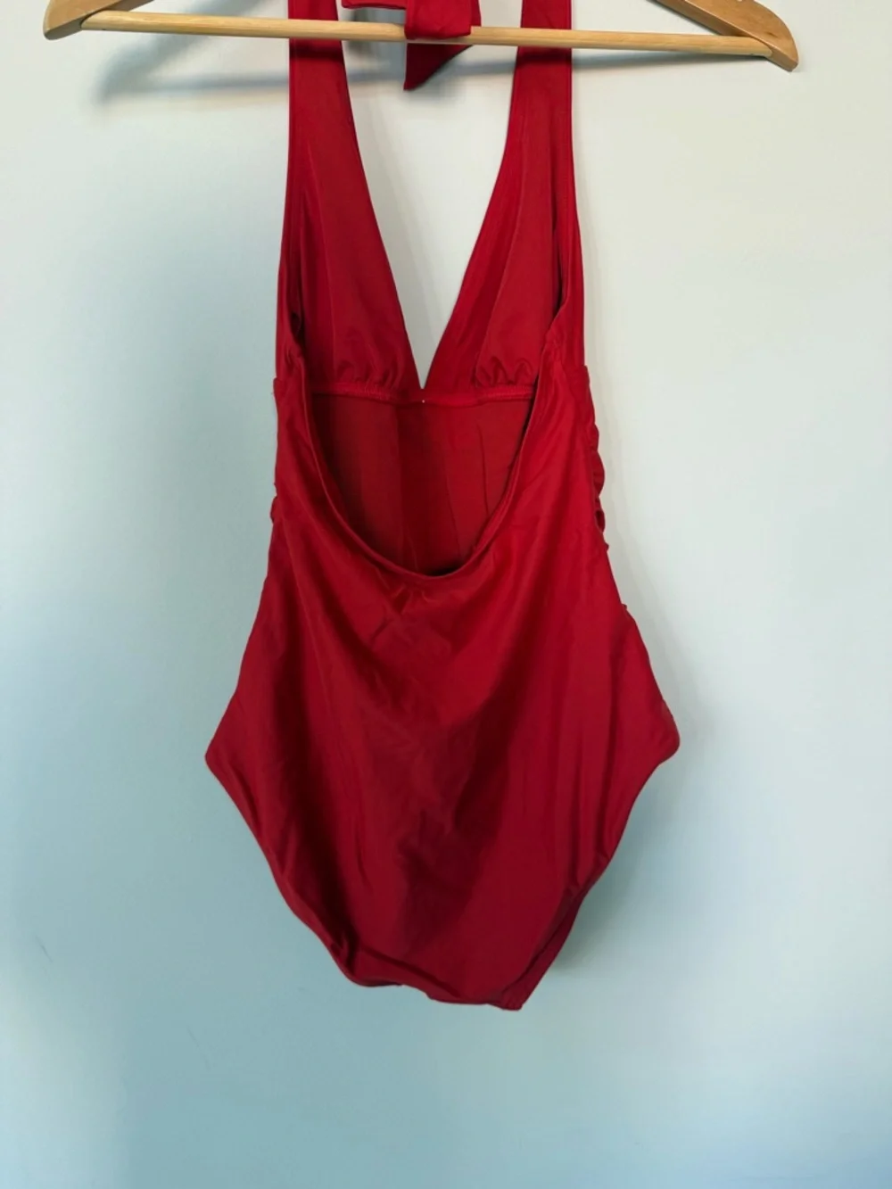 DKNY Women's Triangle Halter One Piece Red Swimsuit Rouched Front - Picture 7 of 13